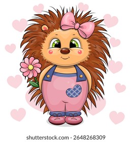 Hedgehog de desenhos animados bonito com flor rosa e arco de cabelo. Ilustração vetorial com animal sobre fundo branco com corações cor-de-rosa.