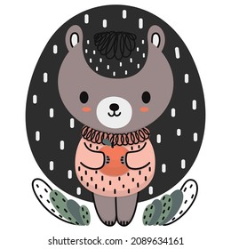 Cute cartoon hedgehog in a pink sweater holding an apple on a white background. Isolated forest dweller for kids design. Vector.