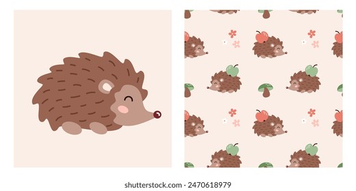 Cute cartoon hedgehog print and seamless pattern with flowers, apple, mushroom for textile, fabric, wrapping paper, nursery. Vector illustration