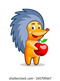 Cute cartoon hedgehog with Red apple. Vector illustration.