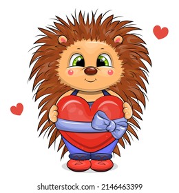 Cute cartoon hedgehog with a red heart. Vector illustration of an animal on a white background.