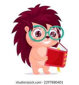 El hedgehog de dibujos animados con gafas redondas lee libro rojo y sonríe ampliamente ilustraciones vectoriales aisladas en fondo blanco