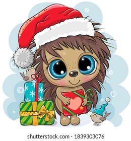 Cute Cartoon Hedgehog in Santa hat with gifts and birds