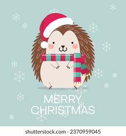 Cute cartoon hedgehog with Santa hat and scarf for Christmas and New year. Vector illustration.