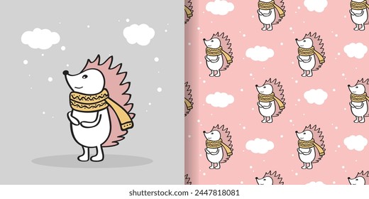 A cute cartoon hedgehog with a scarf on its neck is standing in the snow. The image is pink and has a happy, cheerful vibe