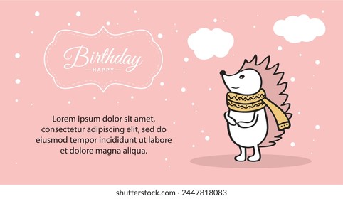 A cute cartoon hedgehog with a scarf on its neck is standing in the snow. The image is pink and has a happy, cheerful vibe