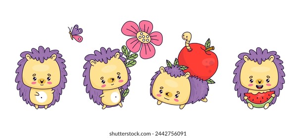 Cute cartoon hedgehog set. Funny animal with flower and piece watermelon, with apple and butterfly. Vector isolated kawaii characters. Kids collection