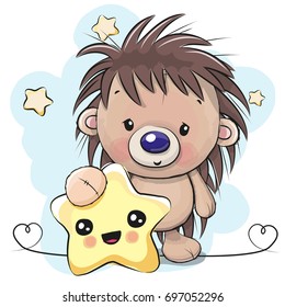 Cute Cartoon Hedgehog with smiling star on the stars background