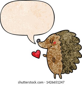 cute cartoon hedgehog with speech bubble in retro texture style