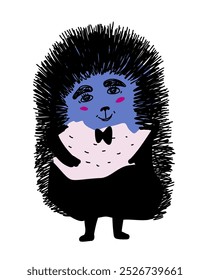 Cute cartoon hedgehog in a tailcoat and a bow tie. Smiling hedgehog with pink cheeks.Vector illustration