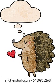 cute cartoon hedgehog with thought bubble in grunge texture style