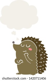 cute cartoon hedgehog with thought bubble in retro style