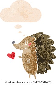 cute cartoon hedgehog with thought bubble in grunge distressed retro textured style