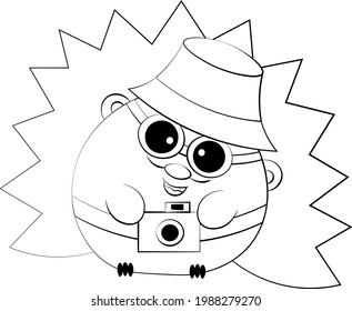 Cute cartoon Hedgehog Tourist with camera. Draw illustration in black and white