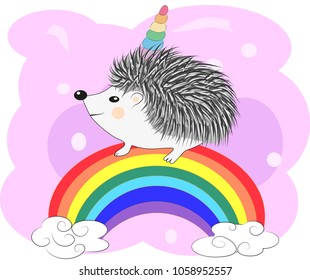 A cute cartoon hedgehog with a unicorn horn on a rainbow. Concept everyone can be a unicorn
