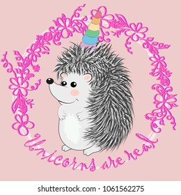 A cute cartoon hedgehog with a unicorn horn. Concept everyone can be a unicorn