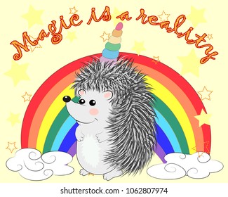 A cute cartoon hedgehog with a unicorn horn on a rainbow. Concept everyone can be a unicorn