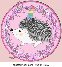 A cute cartoon hedgehog with a unicorn horn on a rainbow. Concept everyone can be a unicorn