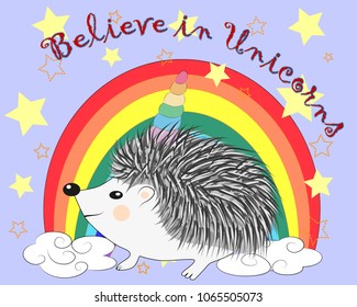 A cute cartoon hedgehog with a unicorn horn on a rainbow. Concept everyone can be a unicorn