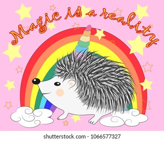 A cute cartoon hedgehog with a unicorn horn on a rainbow. Concept everyone can be a unicorn