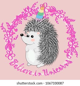 A cute cartoon hedgehog with a unicorn horn. Concept everyone can be a unicorn