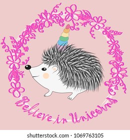 A cute cartoon hedgehog with a unicorn horn. Concept everyone can be a unicorn