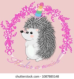 A cute cartoon hedgehog with a unicorn horn on a rainbow. Concept everyone can be a unicorn