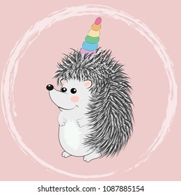 A cute cartoon hedgehog with a unicorn horn on a rainbow. Concept everyone can be a unicorn
