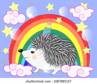 A cute cartoon hedgehog with a unicorn horn on a rainbow. Concept everyone can be a unicorn