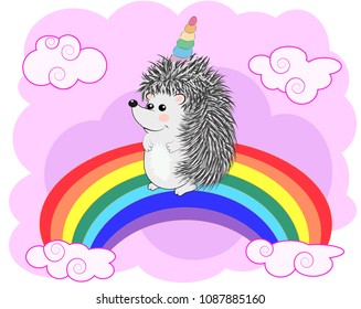 A cute cartoon hedgehog with a unicorn horn on a rainbow. Concept everyone can be a unicorn