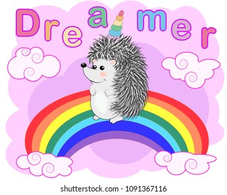 A cute cartoon hedgehog with a unicorn horn on a rainbow. Concept everyone can be a unicorn