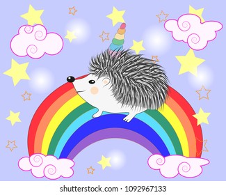 A cute cartoon hedgehog with a unicorn horn on a rainbow. Concept everyone can be a unicorn