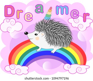 A cute cartoon hedgehog with a unicorn horn on a rainbow. Concept everyone can be a unicorn