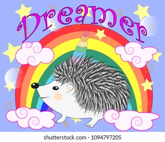 A cute cartoon hedgehog with a unicorn horn on a rainbow. Concept everyone can be a unicorn