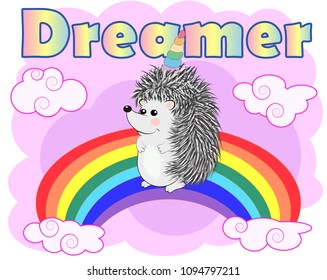 A cute cartoon hedgehog with a unicorn horn on a rainbow. Concept everyone can be a unicorn