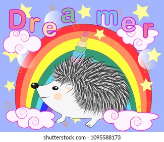 A cute cartoon hedgehog with a unicorn horn on a rainbow. Concept everyone can be a unicorn