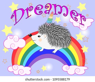 A cute cartoon hedgehog with a unicorn horn on a rainbow. Concept everyone can be a unicorn