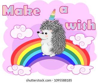 A cute cartoon hedgehog with a unicorn horn on a rainbow. Concept everyone can be a unicorn