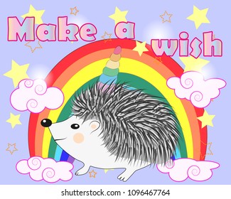 A cute cartoon hedgehog with a unicorn horn on a rainbow. Concept everyone can be a unicorn