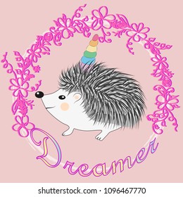 A cute cartoon hedgehog with a unicorn horn on a rainbow. Concept everyone can be a unicorn