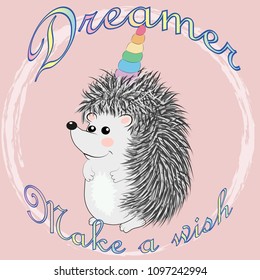 A cute cartoon hedgehog with a unicorn horn on a rainbow. Concept everyone can be a unicorn