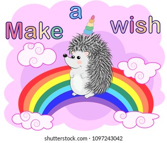 A cute cartoon hedgehog with a unicorn horn on a rainbow. Concept everyone can be a unicorn