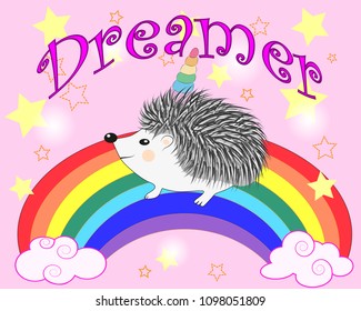 A cute cartoon hedgehog with a unicorn horn on a rainbow. Concept everyone can be a unicorn