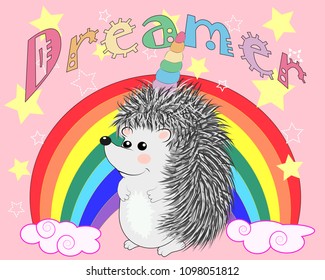 A cute cartoon hedgehog with a unicorn horn on a rainbow. Concept everyone can be a unicorn