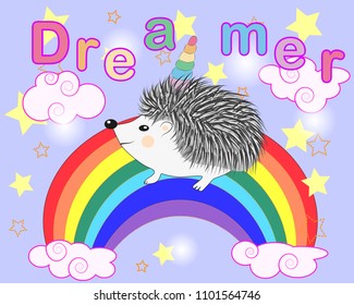 A cute cartoon hedgehog with a unicorn horn on a rainbow. Concept everyone can be a unicorn