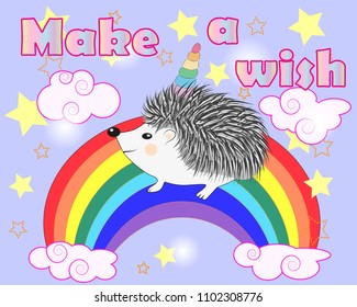 A cute cartoon hedgehog with a unicorn horn on a rainbow. Concept everyone can be a unicorn