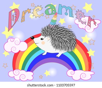 A cute cartoon hedgehog with a unicorn horn on a rainbow. Concept everyone can be a unicorn