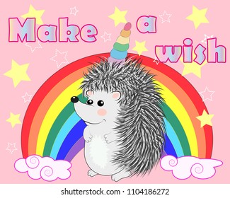 A cute cartoon hedgehog with a unicorn horn on a rainbow. Concept everyone can be a unicorn