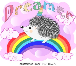 A cute cartoon hedgehog with a unicorn horn on a rainbow. Concept everyone can be a unicorn