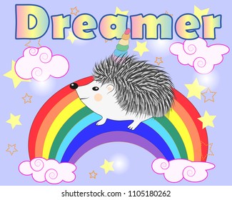 A cute cartoon hedgehog with a unicorn horn on a rainbow. Concept everyone can be a unicorn